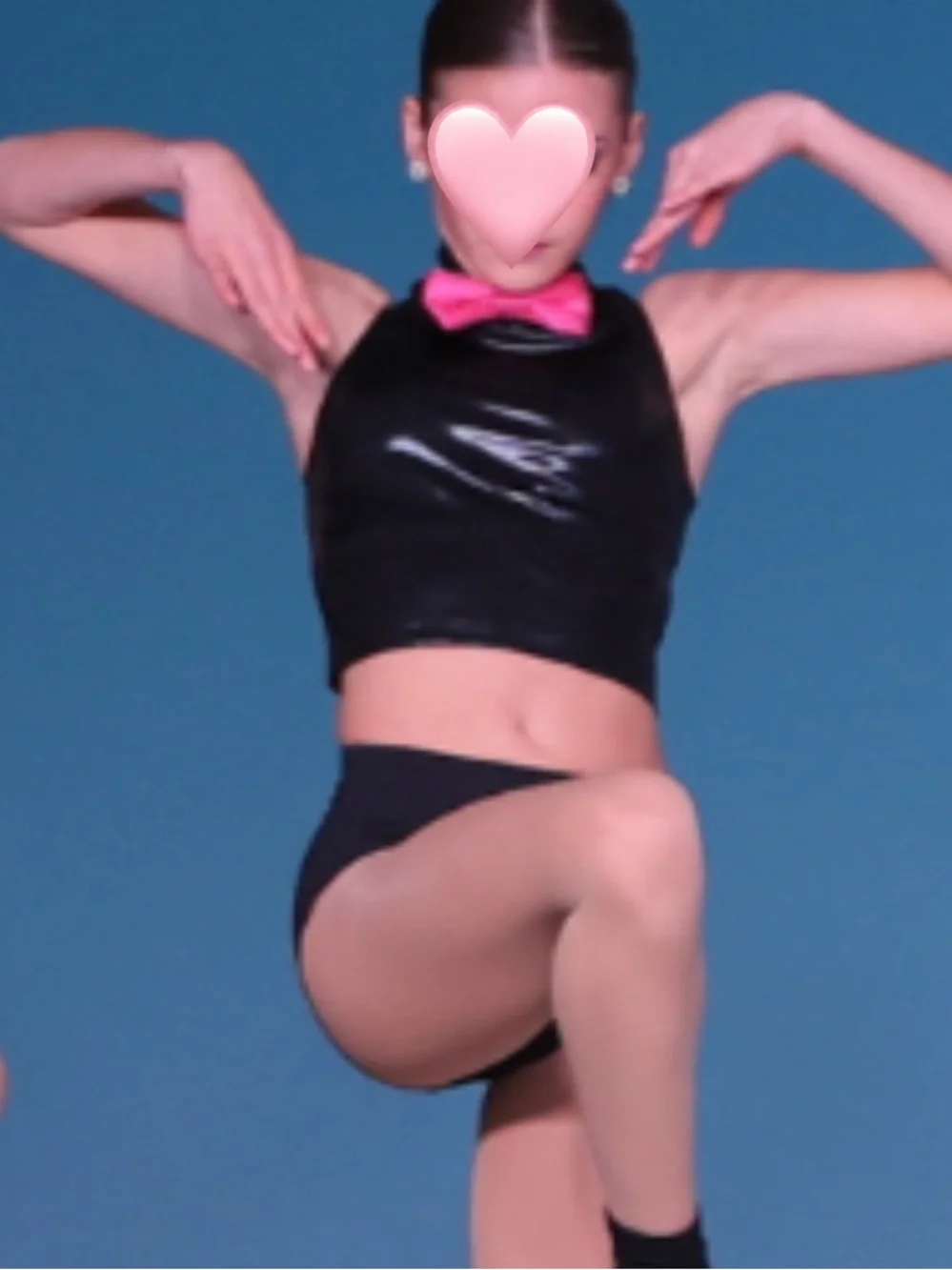 Black Shiny Top & High-Waist Bottom Costume with Pink Bow